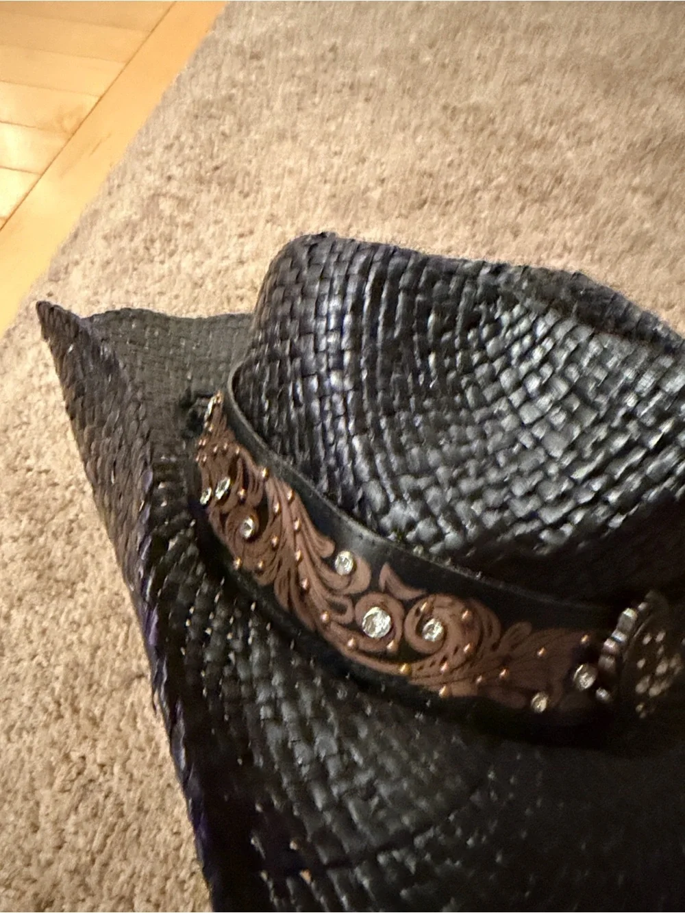 Peter Grimm Black Woven Straw Western Hat with Decorative Brown Band